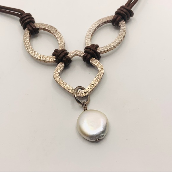 Silpada Textured Sterling Silver Coin Pearl Brown Leather Necklace N1257 - Picture 2 of 6
